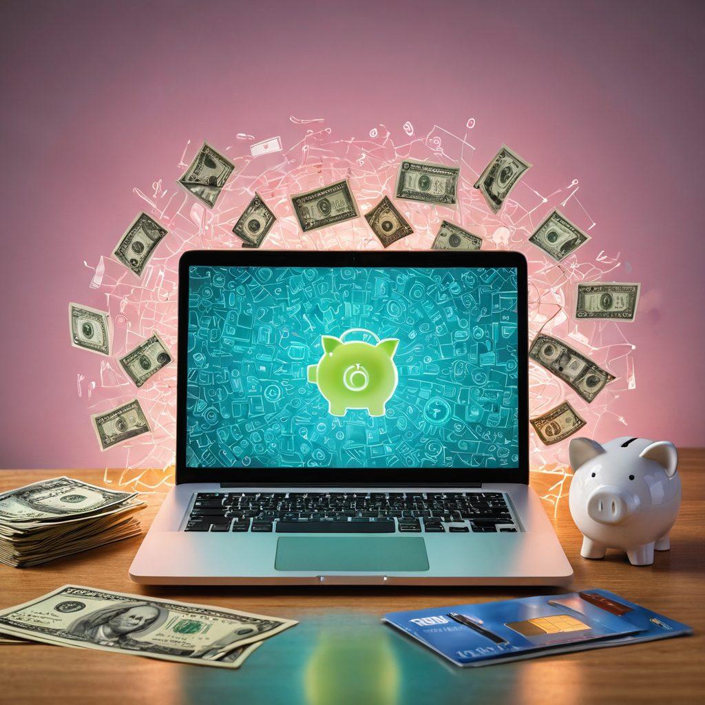 A modern laptop open on a bright desk, with dollar bills and credit cards scattered around it. An outline of a person joyfully calculating fast cash while a glowing lock symbol represents safety in online transactions. A vibrant piggy bank sits nearby, symbolizing financial growth. The background has a subtle digital pattern to evoke a sense of online finance. super-realistic. vibrant colors. white background.